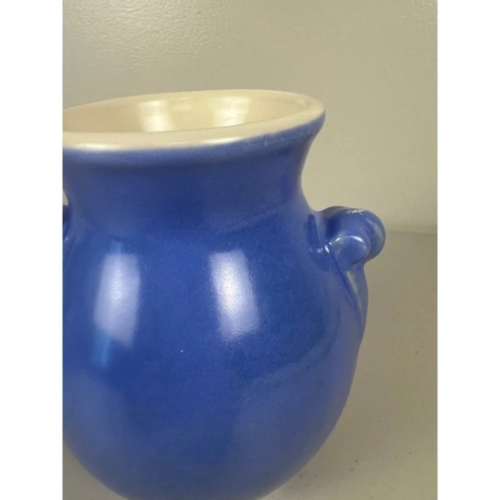 WELLER‎ Pottery Blue Glazed Double Scroll Handle Bud Vase Signed Vintage 6 Inch